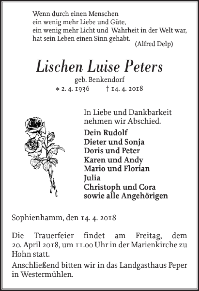  Traueranzeige für Lischen Luise Peters vom 17.04.2018 aus Landeszeitung