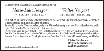 Traueranzeige von Marie-Luise Neugart Walter Neugart von Flensburger Tageblatt