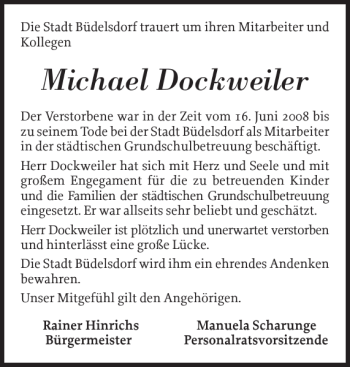 Traueranzeige von Michael Dockweiler von Landeszeitung