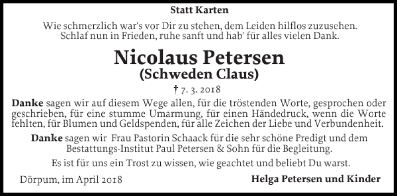  Traueranzeige für Nicolaus Petersen vom 21.04.2018 aus Husumer Nachrichten