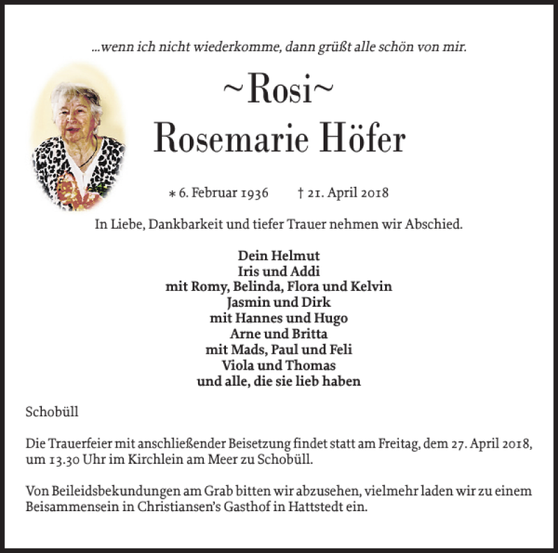  Traueranzeige für Rosi Rosemarie Höfer vom 24.04.2018 aus Husumer Nachrichten