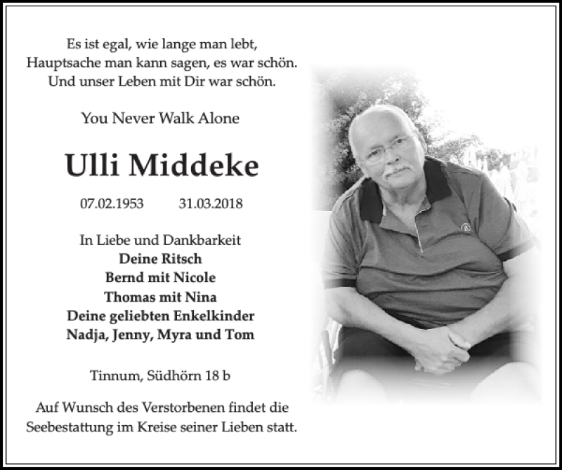  Traueranzeige für Ulli Middeke vom 07.04.2018 aus Sylter Rundschau