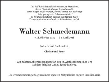 Traueranzeige von Walter Schmedemann von Wedel-Schulauer Tageblatt