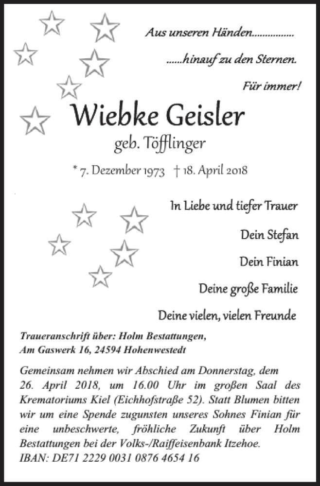 Traueranzeige für Wiebke Geisler vom 24.04.2018 aus Landeszeitung