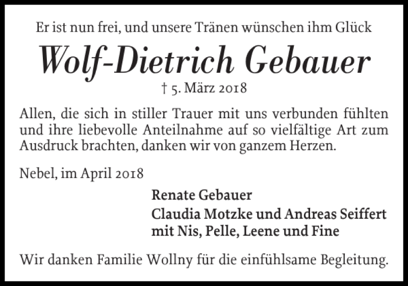  Traueranzeige für Wolf-Dietrich Gebauer vom 18.04.2018 aus Der Insel-Bote