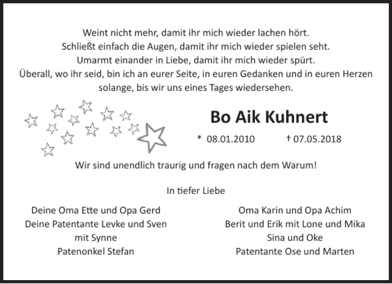  Traueranzeige für Bo Aik Kuhnert vom 14.05.2018 aus Flensburger Tageblatt