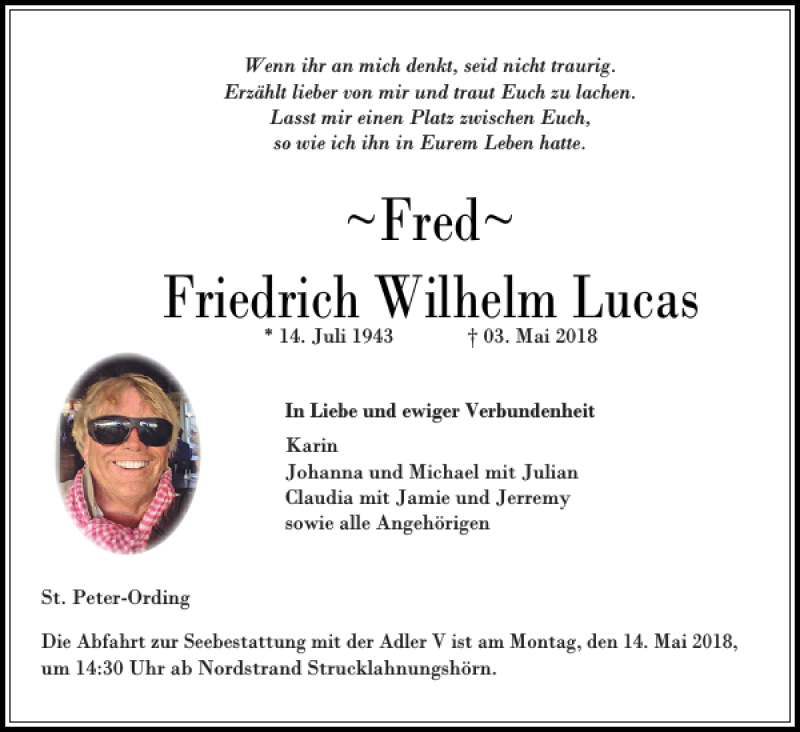  Traueranzeige für Fred Friedrich Wilhelm Lucas vom 05.05.2018 aus Husumer Nachrichten