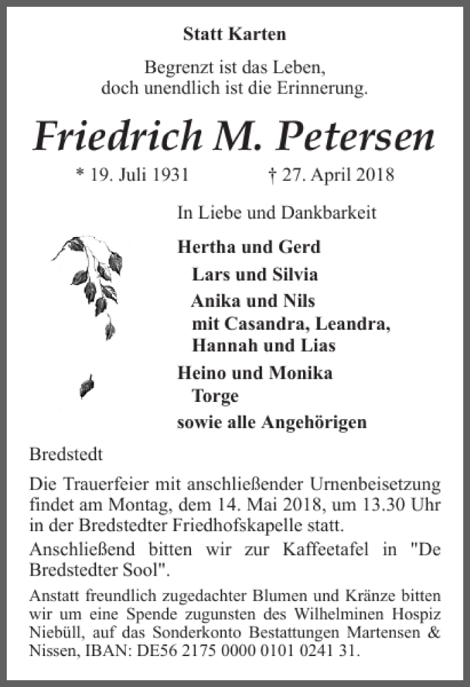  Traueranzeige für Friedrich M. Petersen vom 02.05.2018 aus Husumer Nachrichten