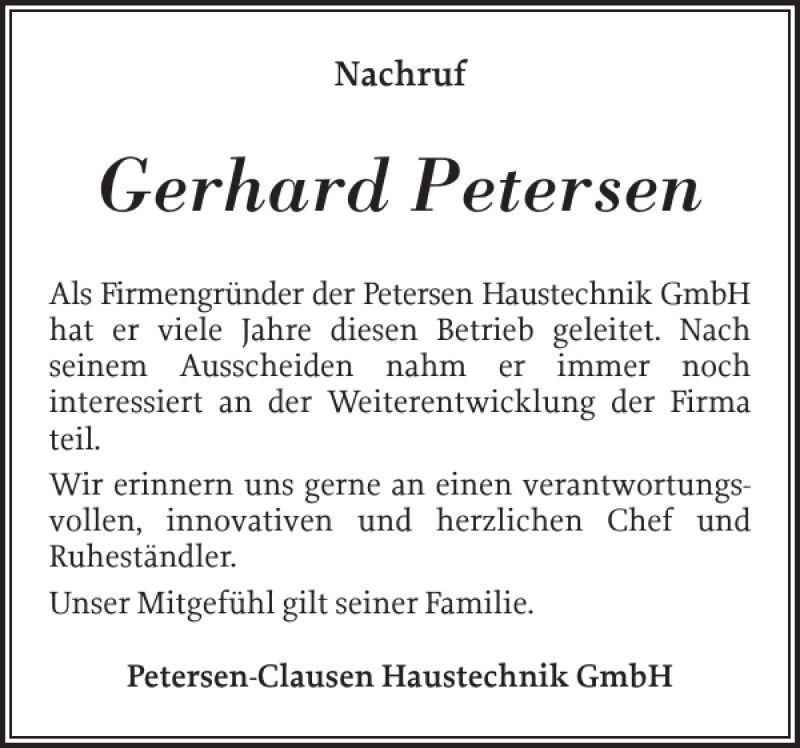  Traueranzeige für Gerhard Petersen vom 12.05.2018 aus Schlei-Bote