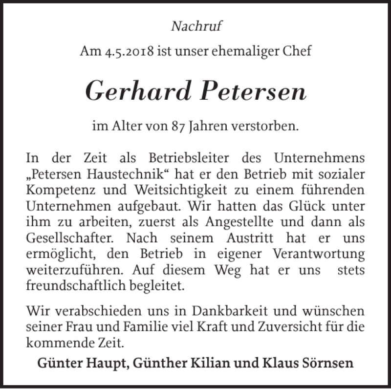  Traueranzeige für Gerhard Petersen vom 12.05.2018 aus Schlei-Bote