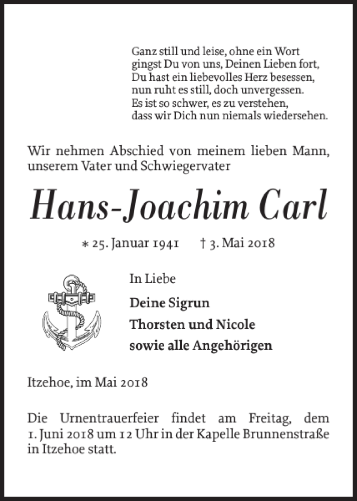  Traueranzeige für Hans-Joachim Carl vom 19.05.2018 aus Norddeutsche Rundschau