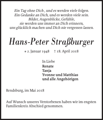 Traueranzeige von Hans-Peter Straßburger von Landeszeitung