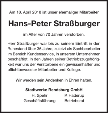 Traueranzeige von Hans-Peter Straßburger von Landeszeitung