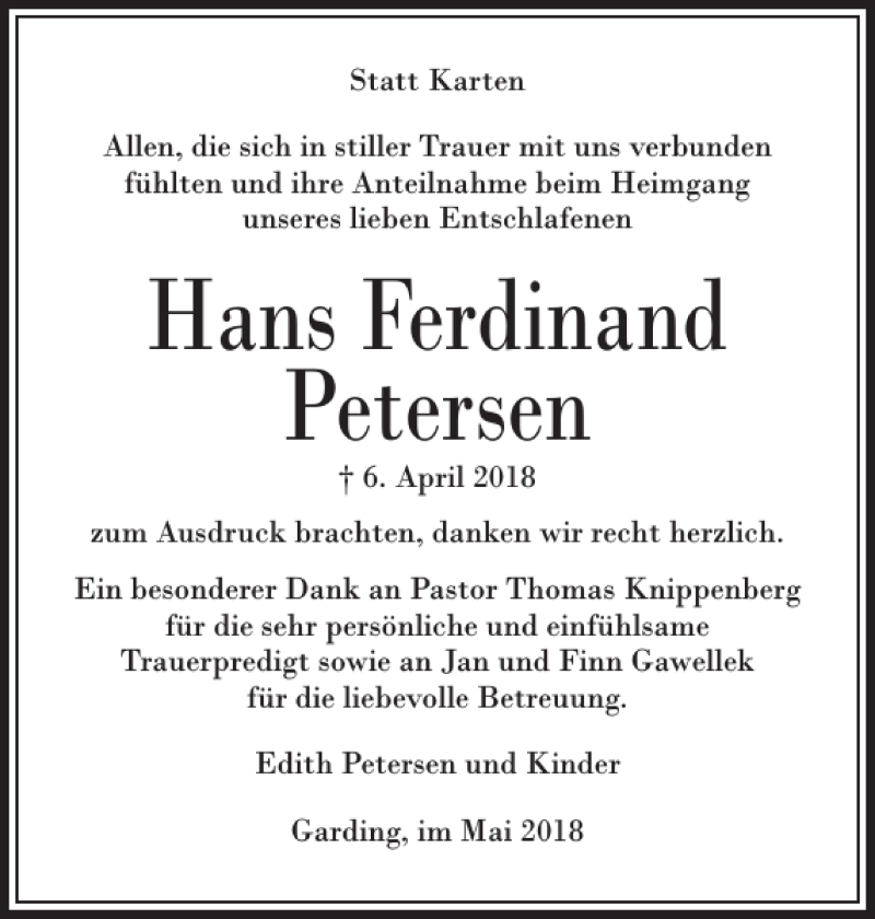  Traueranzeige für Hans Ferdinand Petersen vom 19.05.2018 aus Husumer Nachrichten