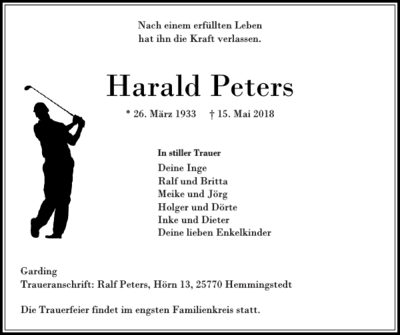  Traueranzeige für Harald Peters vom 19.05.2018 aus Husumer Nachrichten