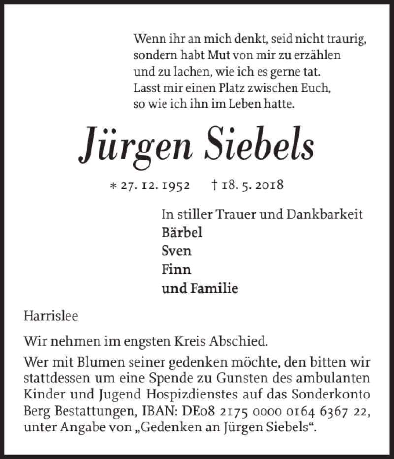  Traueranzeige für Jürgen Siebels vom 23.05.2018 aus Flensburger Tageblatt