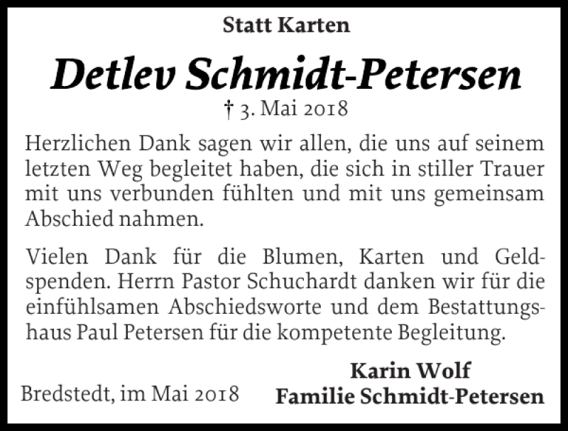  Traueranzeige für Karin Wolf Schmidt Petersen vom 26.05.2018 aus Husumer Nachrichten