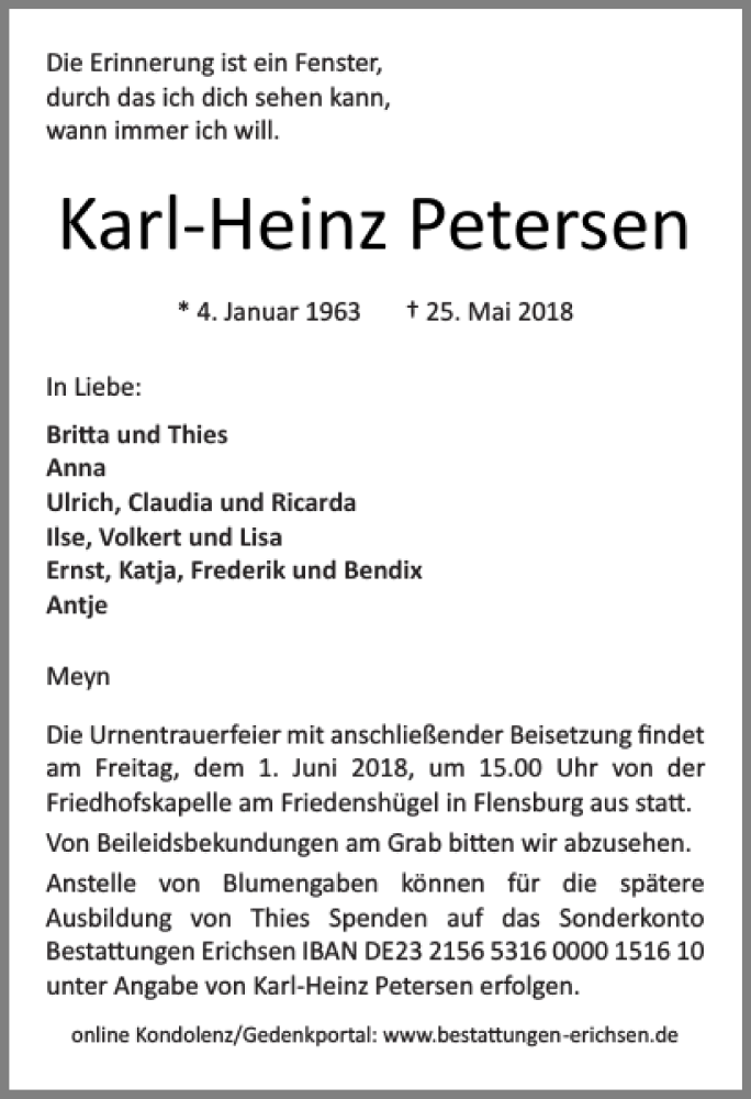  Traueranzeige für Karl Heinz Petersen vom 29.05.2018 aus Flensburger Tageblatt