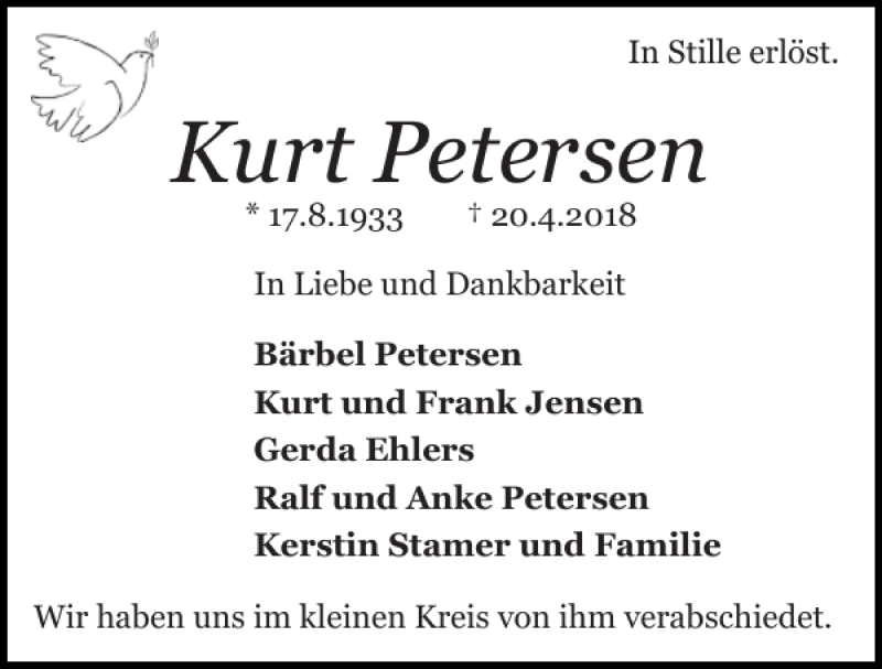  Traueranzeige für Kurt Petersen vom 12.05.2018 aus Schlei-Bote
