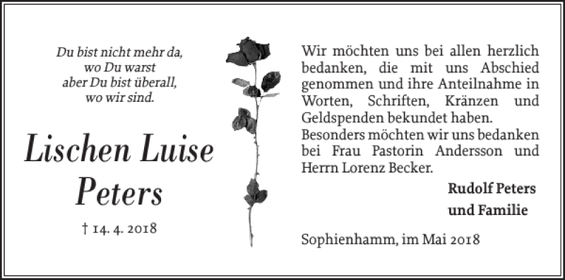 Traueranzeige für Lischen Luise Peters vom 12.05.2018 aus Landeszeitung