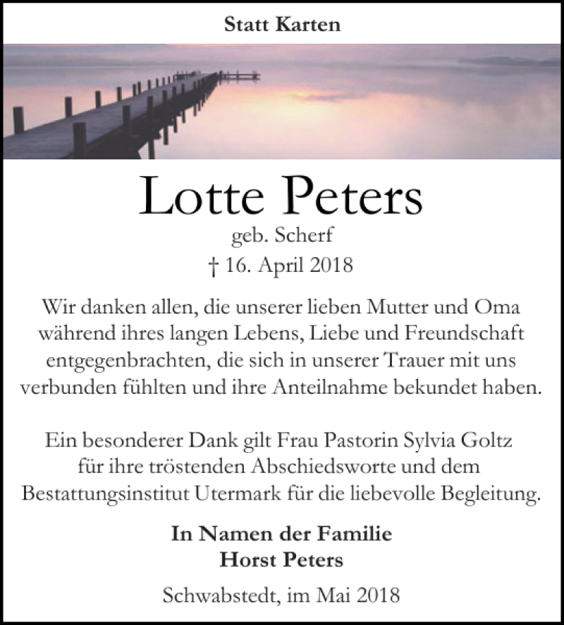  Traueranzeige für Lotte Peters vom 12.05.2018 aus Husumer Nachrichten