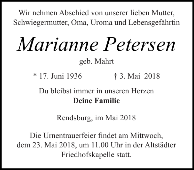  Traueranzeige für Marianne Petersen vom 19.05.2018 aus Landeszeitung