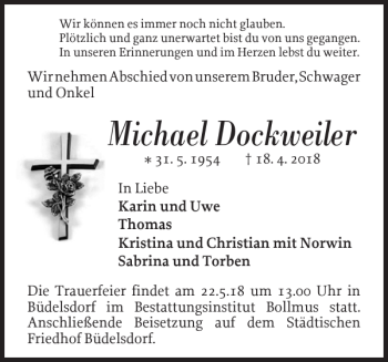 Traueranzeige von Michael Dockweiler von Landeszeitung