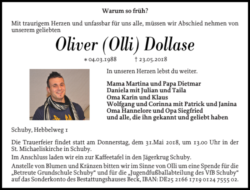  Traueranzeige für Oliver Olli Dollase vom 30.05.2018 aus Schleswiger Nachrichten