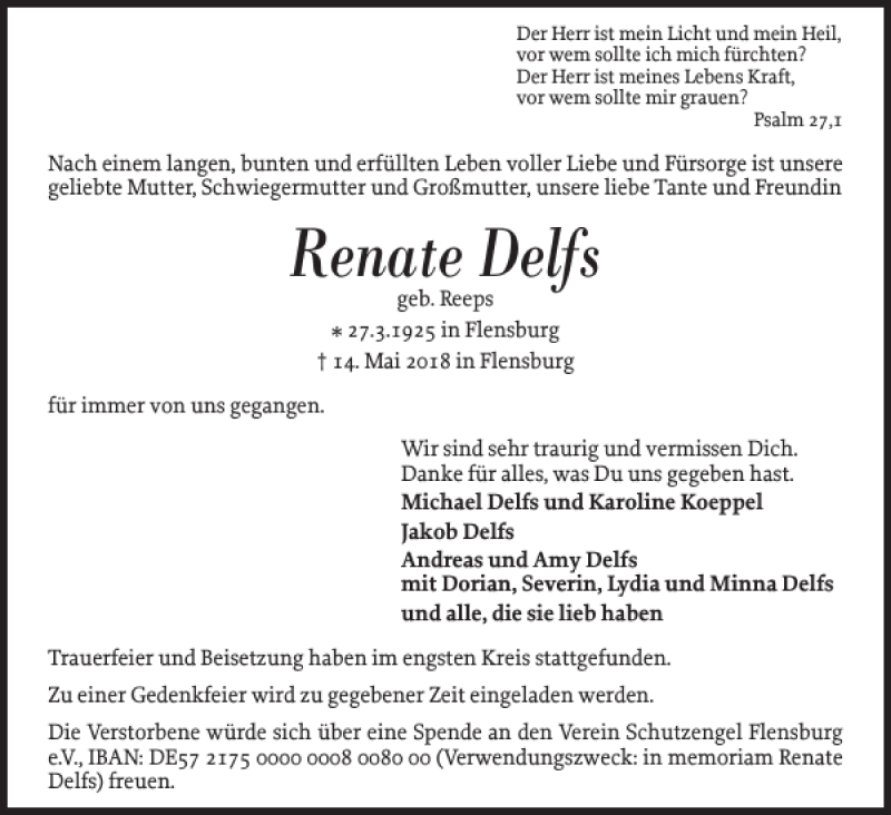  Traueranzeige für Renate Delfs vom 23.05.2018 aus Flensburger Tageblatt