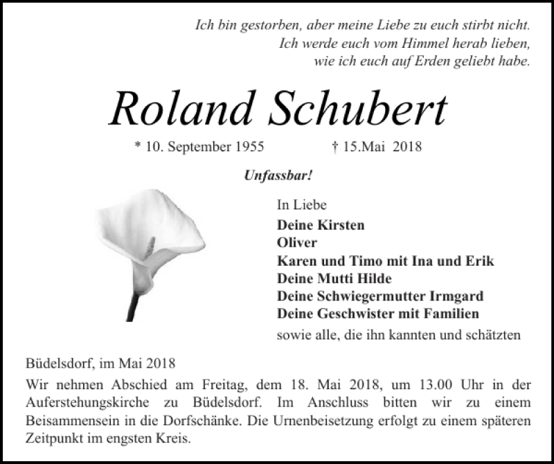  Traueranzeige für Roland Schubert vom 17.05.2018 aus Landeszeitung