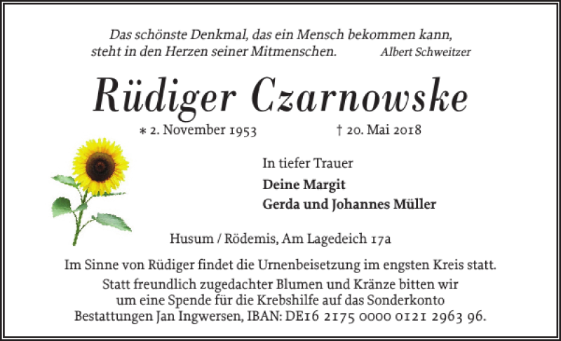  Traueranzeige für Rüdiger Czarnowske vom 26.05.2018 aus Husumer Nachrichten