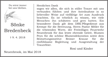 Traueranzeige von Sönke Bredenbeck von Norddeutsche Rundschau