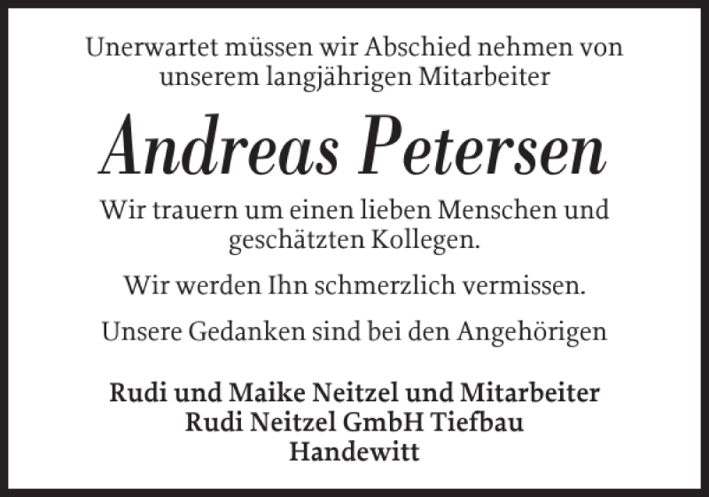  Traueranzeige für Andreas Petersen vom 21.06.2018 aus Flensburger Tageblatt