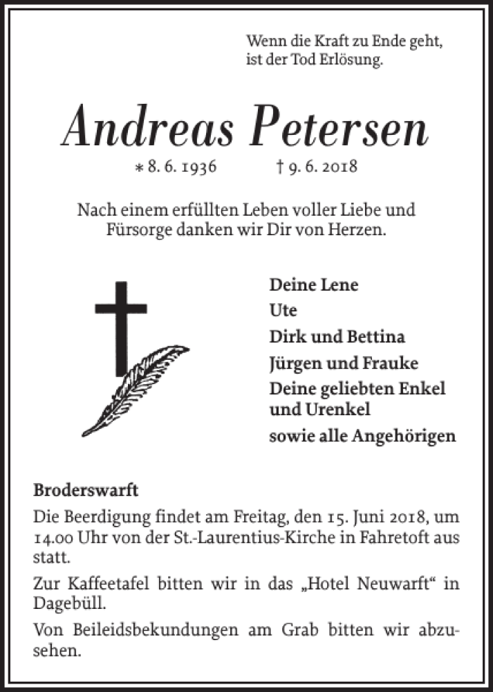  Traueranzeige für Andreas Petersen vom 13.06.2018 aus Nordfriesland Tageblatt