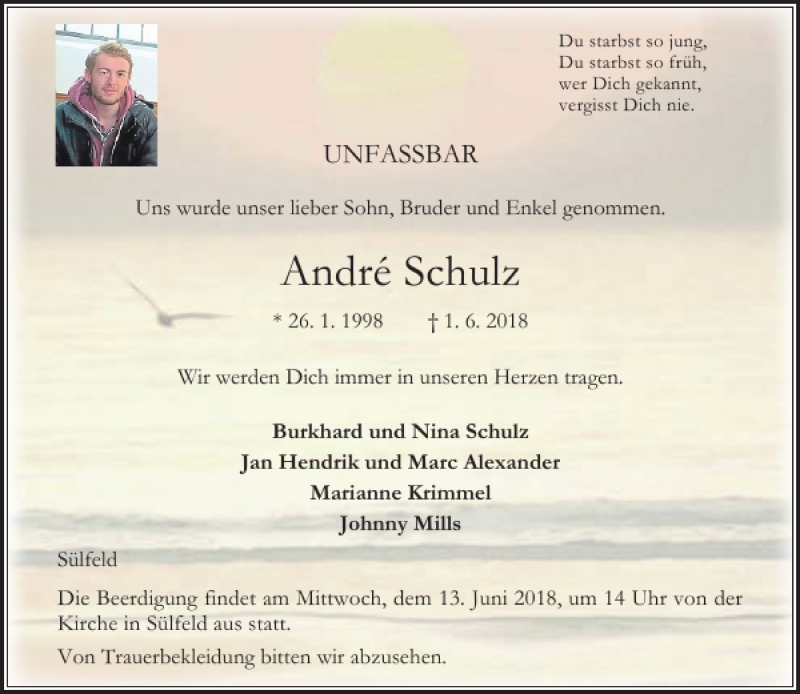  Traueranzeige für André Schulz vom 09.06.2018 aus Stormarner Tageblatt