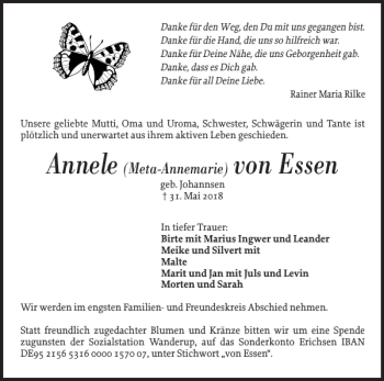 Traueranzeige von Annele von Essen von Flensburger Tageblatt