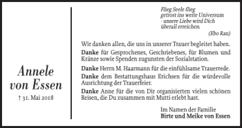 Traueranzeige von Annele von Essen von Flensburger Tageblatt