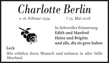 Traueranzeige von Charlotte Berlin von Nordfriesland Tageblatt