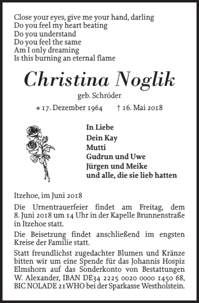  Traueranzeige für Christina Noglik vom 02.06.2018 aus Norddeutsche Rundschau