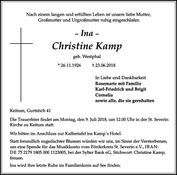 Traueranzeige von Christine Kamp von Sylter Rundschau