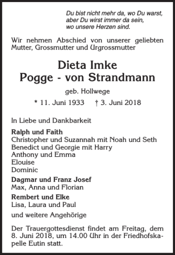 Traueranzeige von Dieta Imke Pogge-von Strandmann von Ostholsteiner Anzeiger