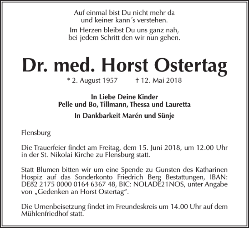  Traueranzeige für Dr. med. Horst Ostertag vom 09.06.2018 aus Flensburger Tageblatt