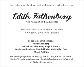 Traueranzeige von Edith Falkenberg von Norddeutsche Rundschau