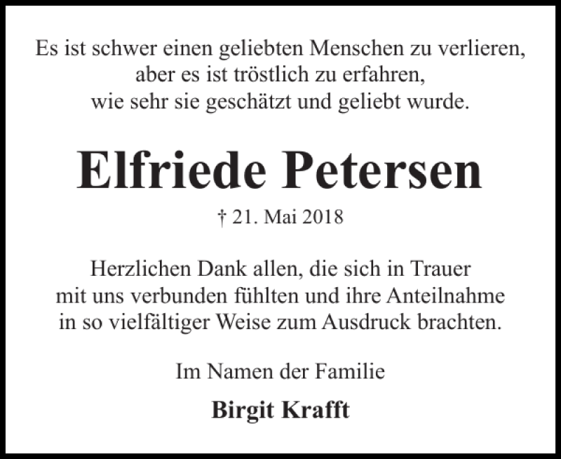  Traueranzeige für Elfriede Petersen vom 16.06.2018 aus Eckernförder Zeitung