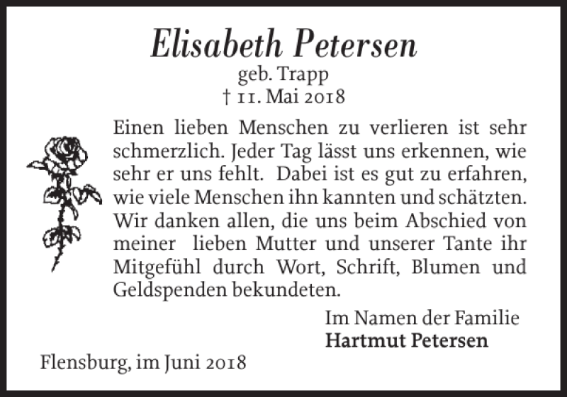  Traueranzeige für Elisabeth Petersen vom 09.06.2018 aus Flensburger Tageblatt