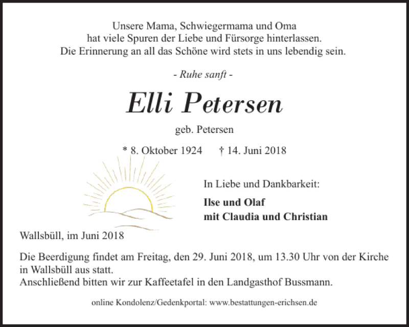  Traueranzeige für Elli Petersen vom 22.06.2018 aus Flensburger Tageblatt