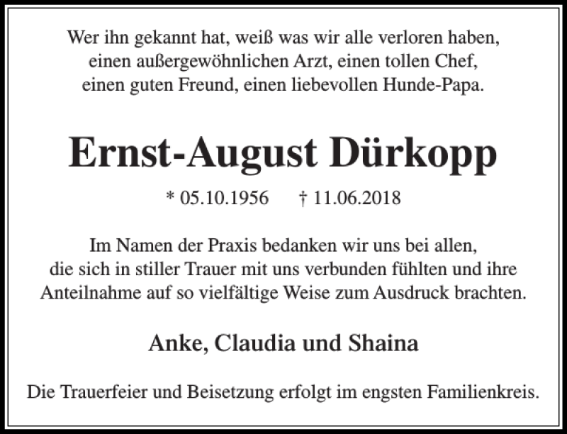  Traueranzeige für Ernst-August Dürkopp vom 23.06.2018 aus Stormarner Tageblatt