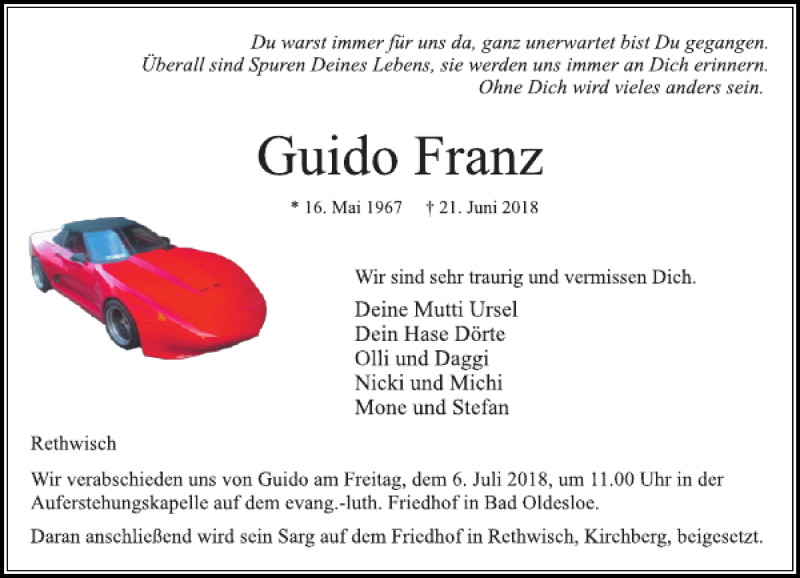  Traueranzeige für Guido Franz vom 30.06.2018 aus Stormarner Tageblatt