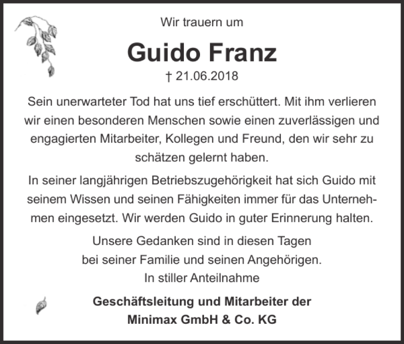  Traueranzeige für Guido Franz vom 30.06.2018 aus Stormarner Tageblatt