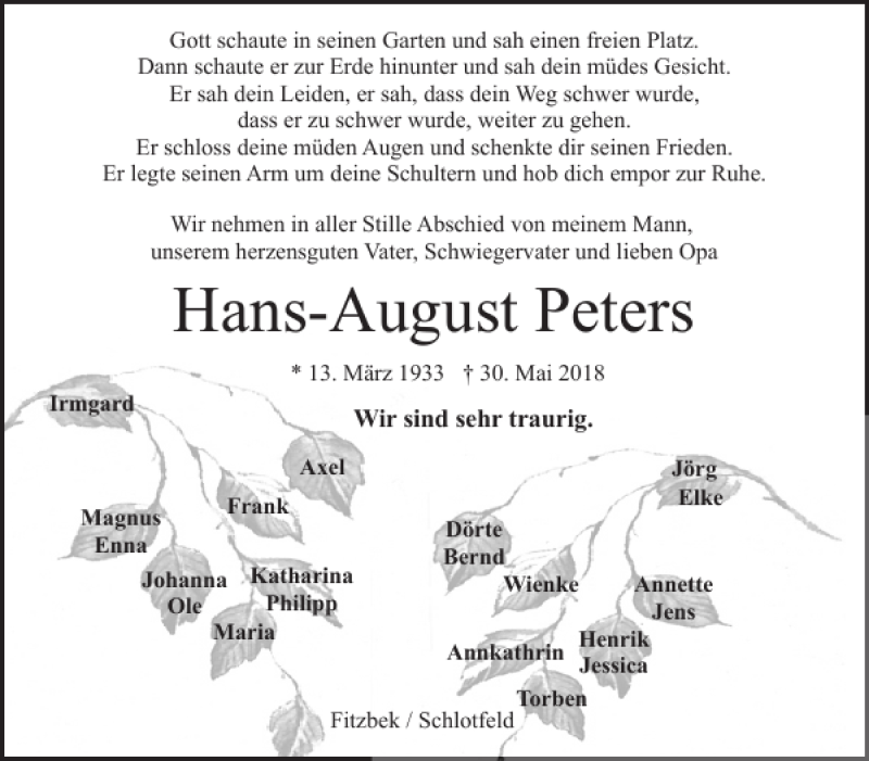  Traueranzeige für Hans-August Peters vom 02.06.2018 aus Norddeutsche Rundschau